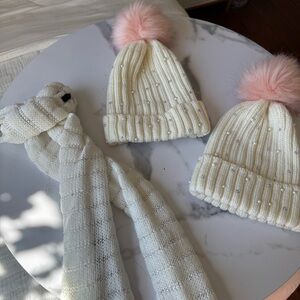 Cream Knit Beanie and Scarf Set with Pink Pom Poms